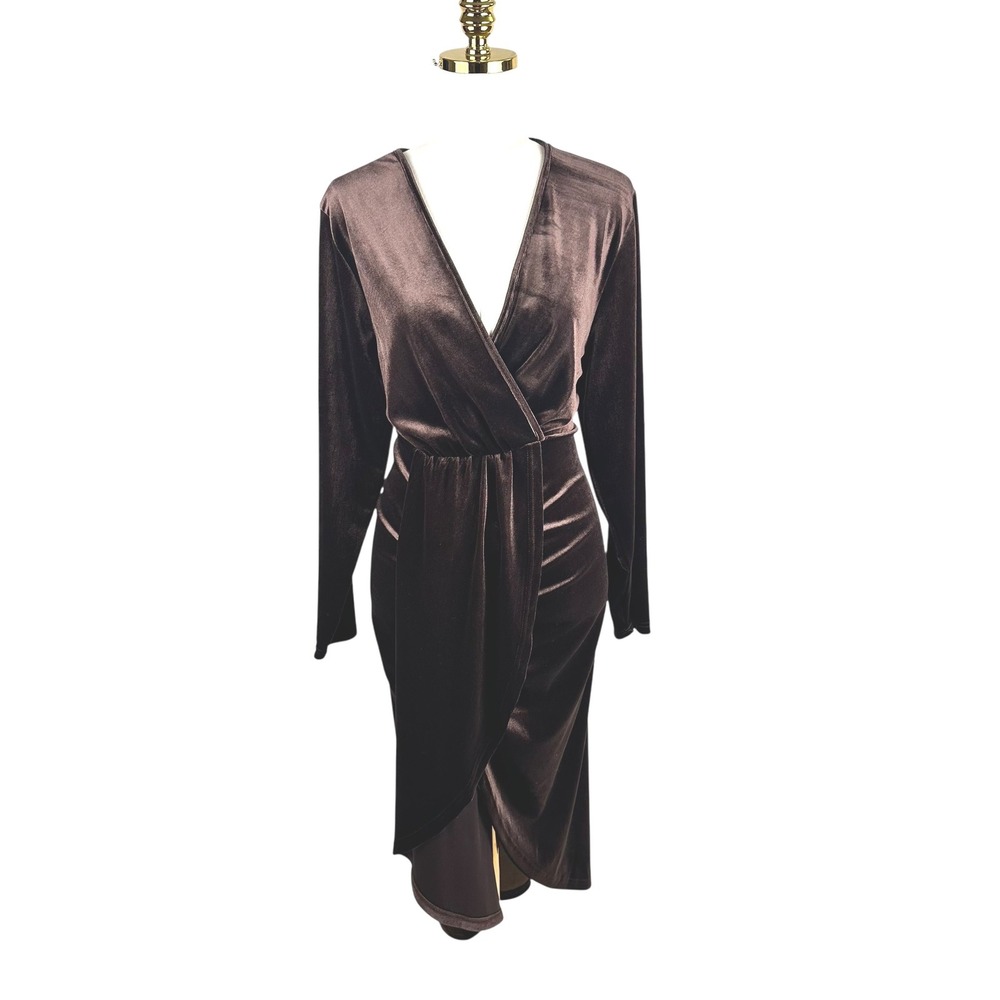 NWOT Plus Size 2XL Chocolate Brown Velvet Wrap Midi Dress Long Sleeve V-Neck New